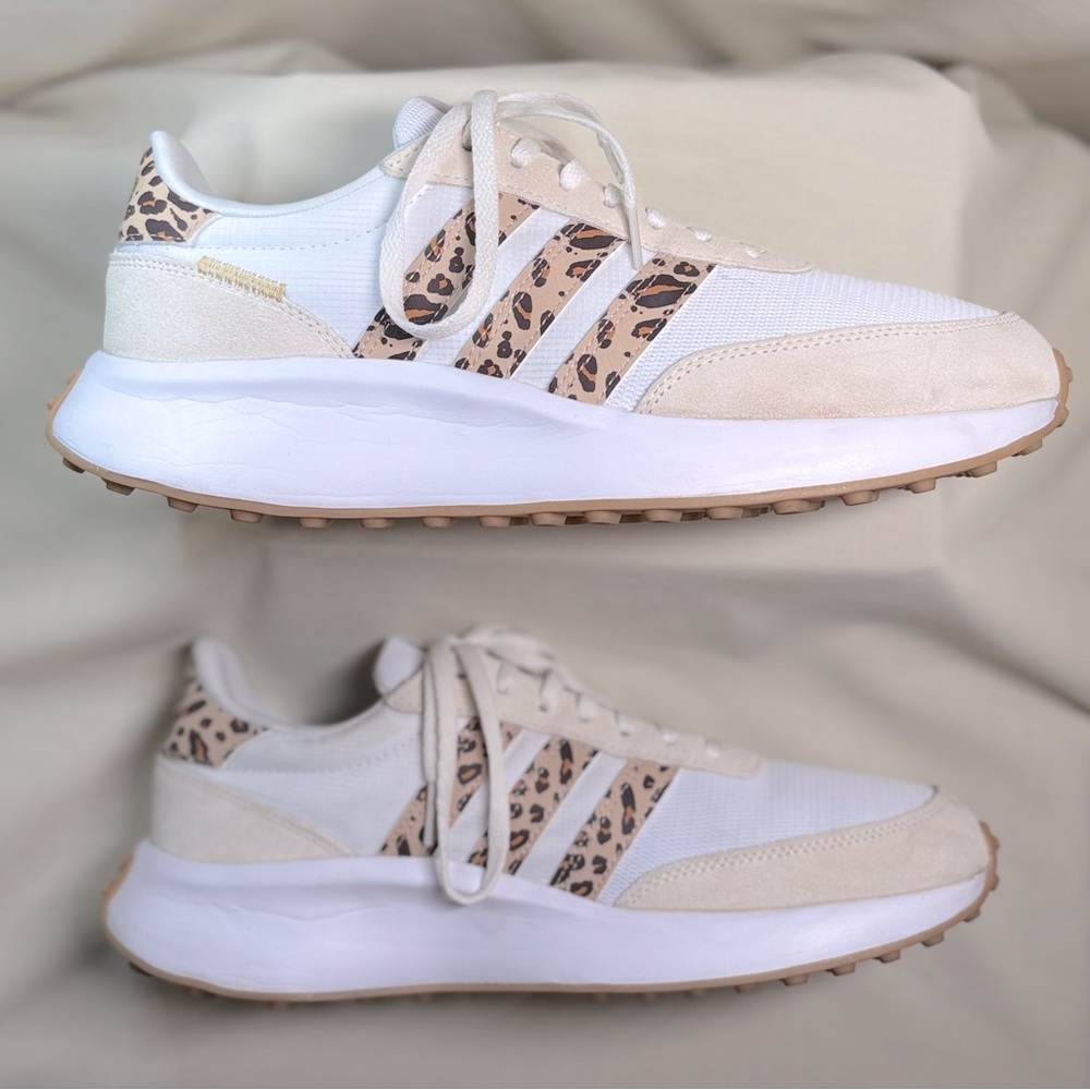 adidas Run 70s White/Cream Women’s Sneakers w/ Leopard Accents, Sz 10 (fit 10.5)